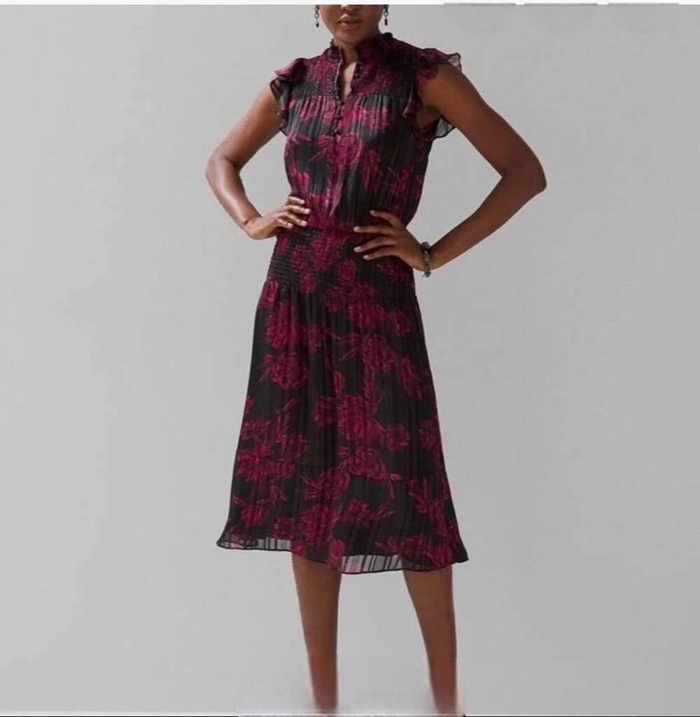White House Black Market Smocked Waist Ruffle Midi Dress. Size L. Ret $160
